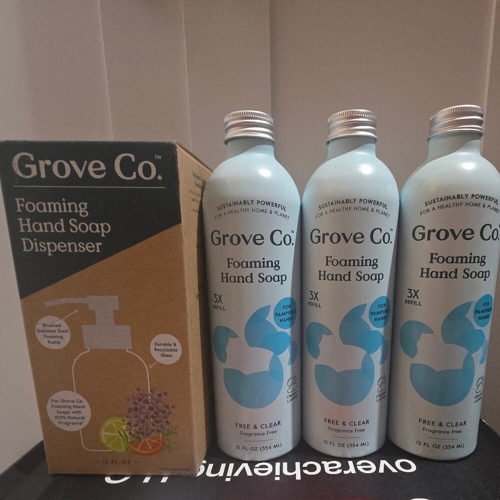 Grove Co. Foaming Hand Soap (3) Free Clear Reuseable Glass Soap Dispenser